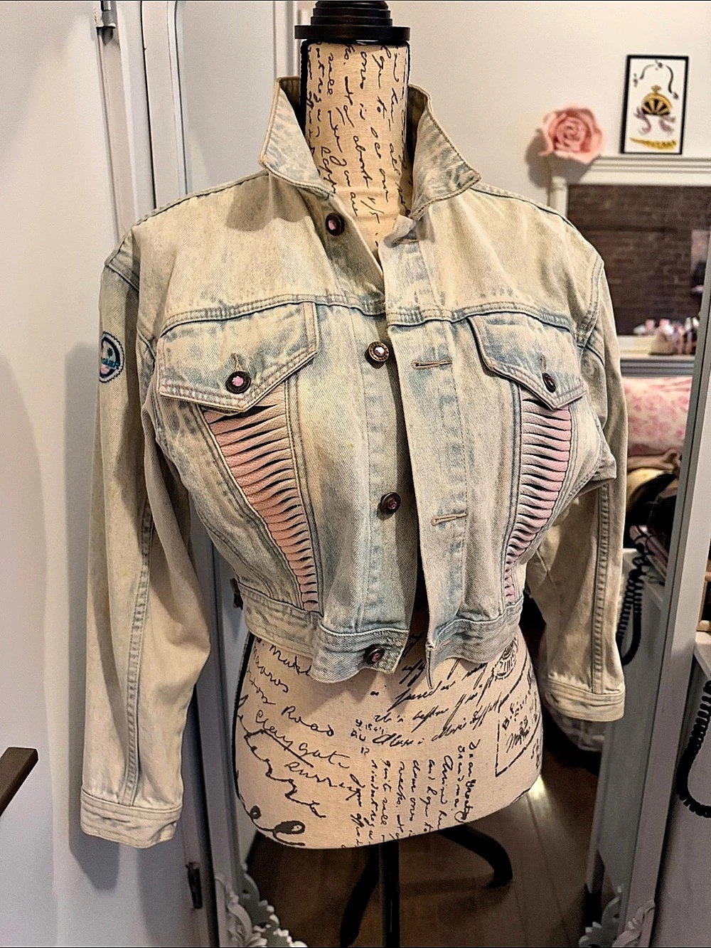 Vintage L.A. Gear Distressed Denim Jacket in Blue & Pink Size Small